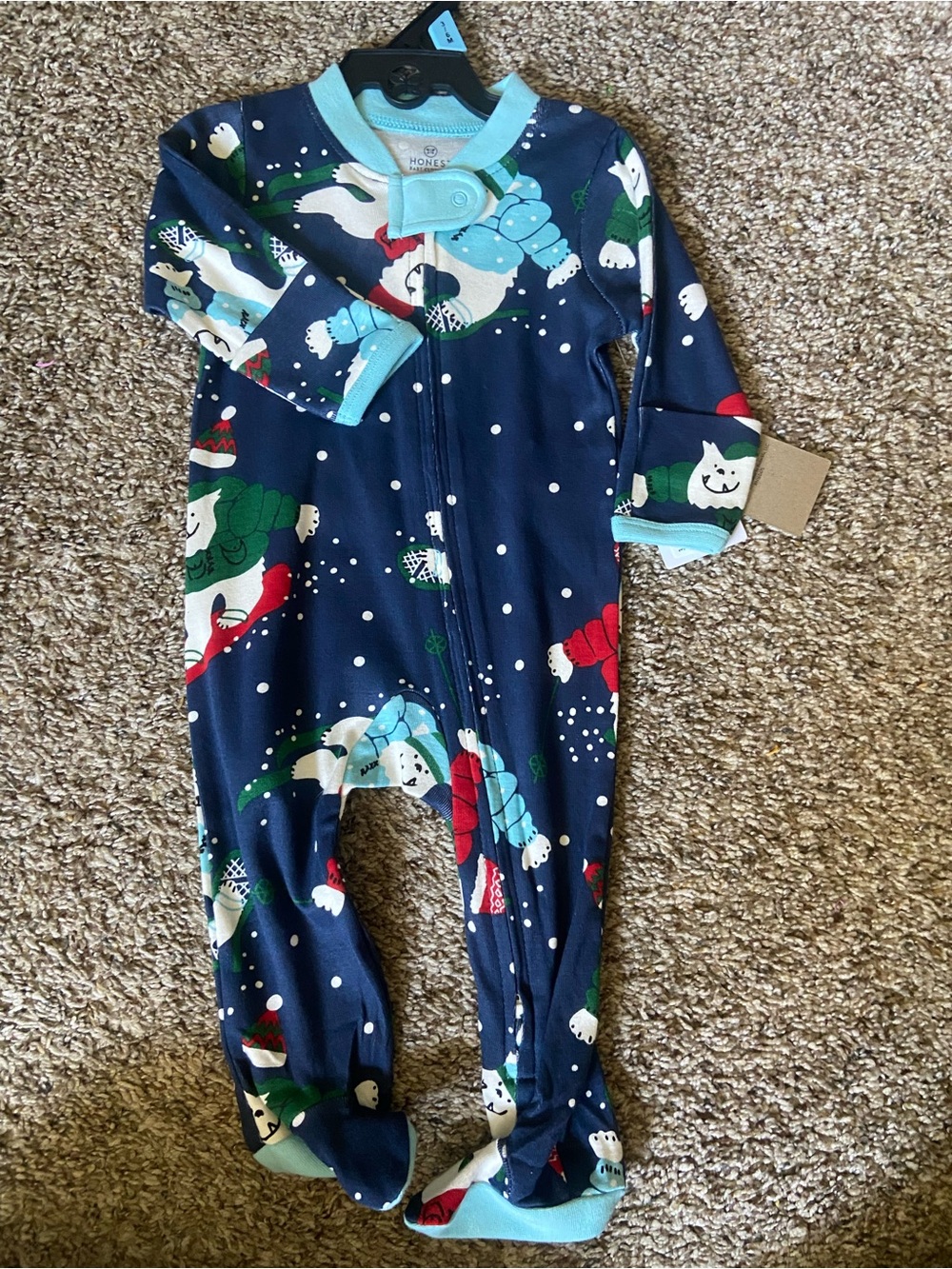 Hanna Andersson Navy Snowman & Polka-Dot Footed One-Piece with Light Blue Trim